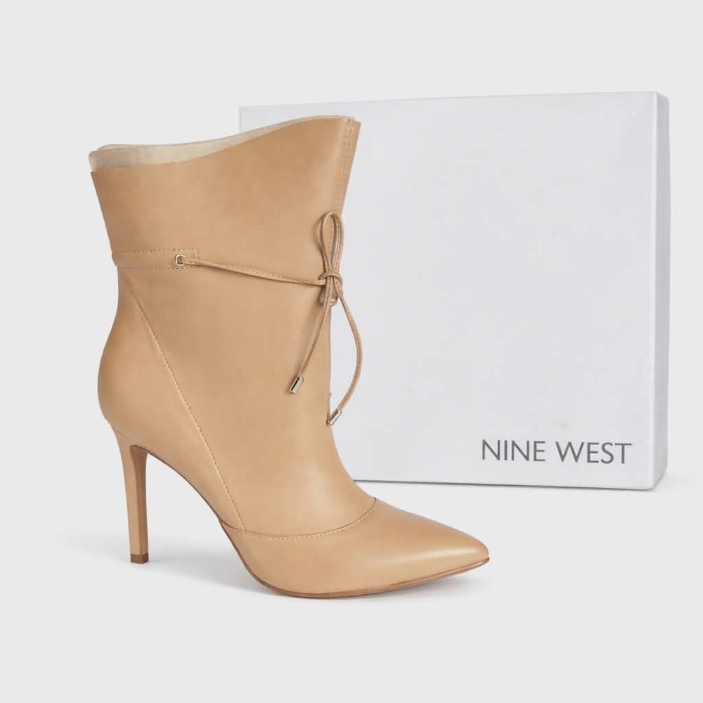 NWT Box Sz 8. Nine West Tan Leather “Tirzah” Almond Toe Stiletto Boot Tie Detail - Picture 5 of 8